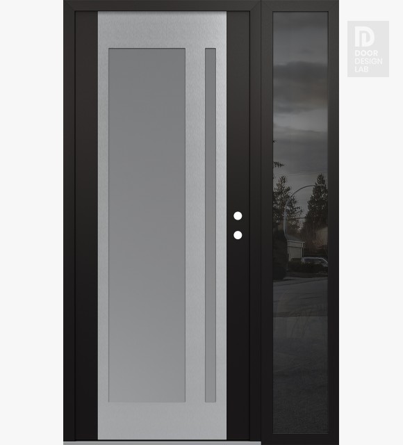 Modern Steel Front Door Diamond C15 52" x 80" black/white frosted Glass Panel stainless steel LHI with Sidelite mirrored Glass