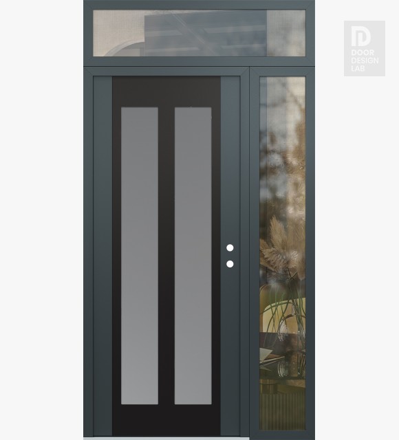 Modern Steel Front Door Diamond C14 50" x 96" anthracite/anthracite frosted Glass Panel black LHI with Sidelite and Transom clear Glass