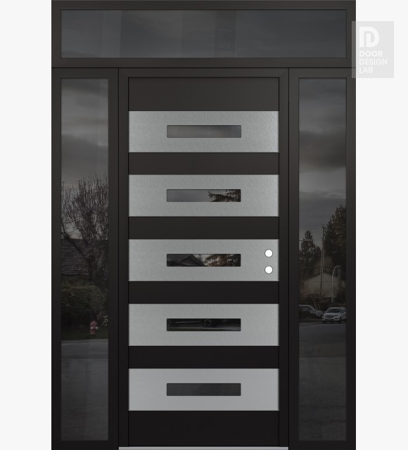 Modern Steel Front Door Diamond D9 68" x 96" black/black mirrored Glass Panel stainless steel LHI with 2 Sidelites and Transom mirrored Glass