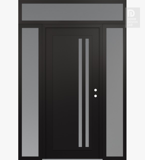 Modern Steel Front Door Diamond C6 64" x 96" black/white frosted Glass Panel black LHI with 2 Sidelites and Transom frosted Glass