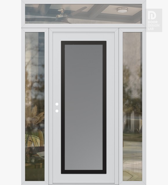 Modern Steel Front Door Diamond C1 64" x 96" white/white frosted Glass Panel black RHI with 2 Sidelites and Transom clear Glass
