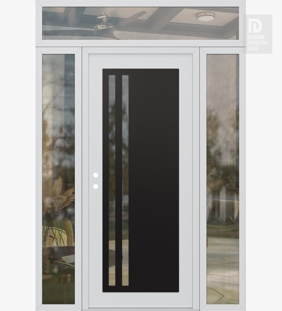 Modern Steel Front Door Diamond C6 60" x 96" white/white clear Glass Panel black RHI with 2 Sidelites and Transom clear Glass