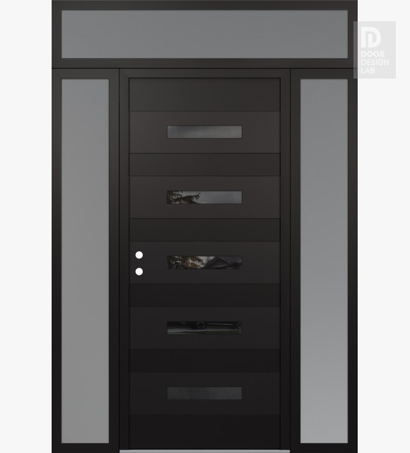 Modern Steel Front Door Diamond D9 60" x 96" black/black mirrored Glass Panel black RHI with 2 Sidelites and Transom frosted Glass