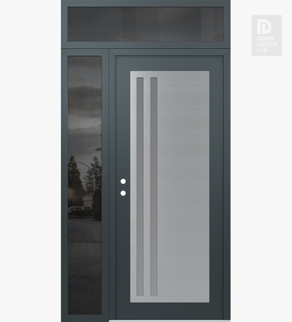 Modern Steel Front Door Diamond C6 50" x 96" anthracite/anthracite frosted Glass Panel stainless steel RHI with Sidelite and Transom mirrored Glass
