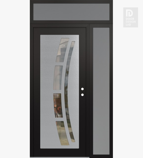Modern Steel Front Door Diamond C12 50" x 96" black/black clear Glass Panel stainless steel LHI with Sidelite and Transom frosted Glass