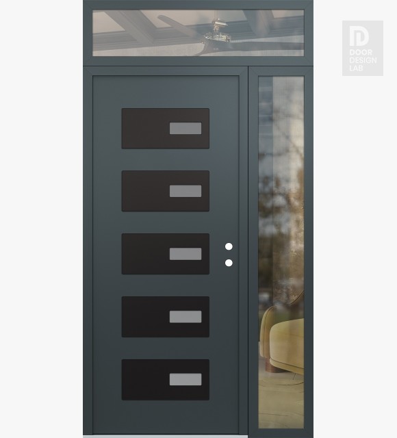 Modern Steel Front Door Diamond D7 50" x 96" anthracite/anthracite frosted Glass Panel black LHI with Sidelite and Transom clear Glass
