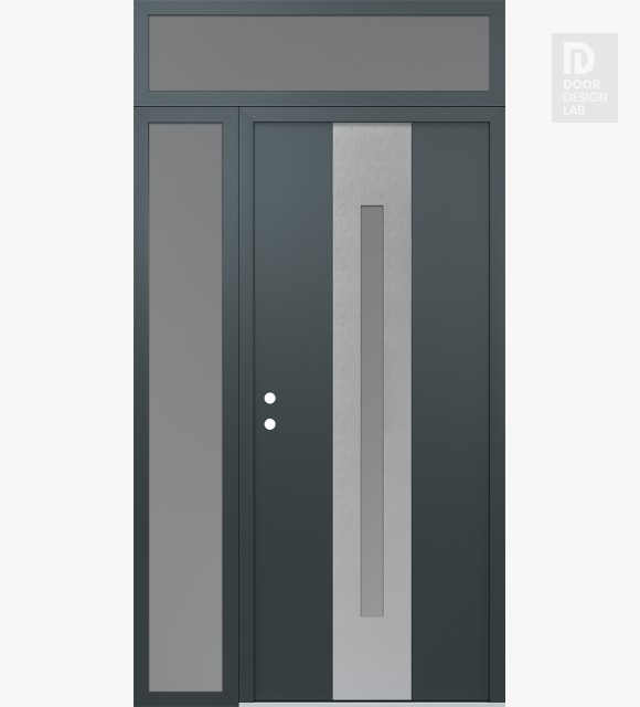 Modern Steel Front Door DIAMOND A2 50" X 96" ANTHRACITE/ANTHRACITE FROSTED GLASS PANEL STAINLESS STEEL RHI WITH SIDELITE AND TRANSOM FROSTED GLASS