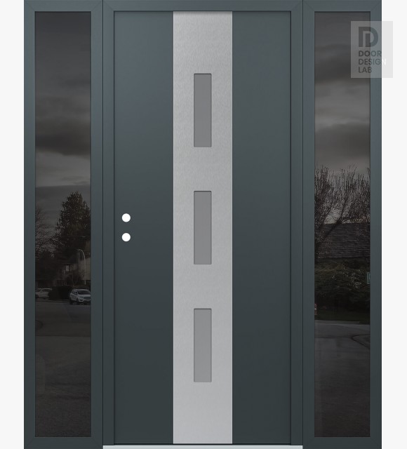 Modern Steel Front Door DIAMOND A7 68" X 80" ANTHRACITE/ANTHRACITE FROSTED GLASS PANEL STAINLESS STEEL RHI WITH 2 SIDELITES MIRRORED GLASS