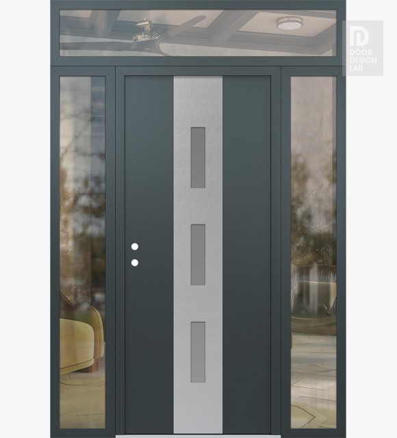 Modern Steel Front Door DIAMOND A7 60" X 96" ANTHRACITE/ANTHRACITE FROSTED GLASS PANEL STAINLESS STEEL RHI WITH 2 SIDELITES AND TRANSOM CLEAR GLASS
