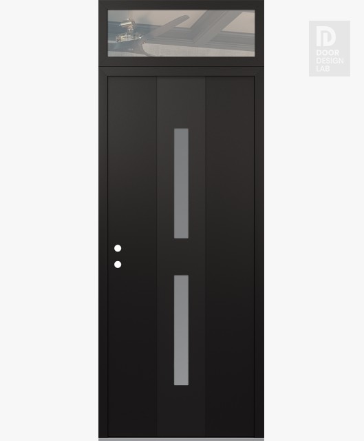 Modern Steel Front Door DIAMOND A6 36" X 96" BLACK/WHITE FROSTED GLASS PANEL BLACK RHI WITH TRANSOM CLEAR GLASS