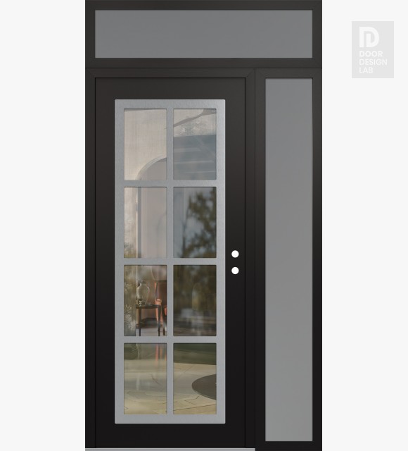 Modern Steel Front Door Diamond C16 50" x 96" black/black clear Glass Panel stainless steel LHI with Sidelite and Transom frosted Glass