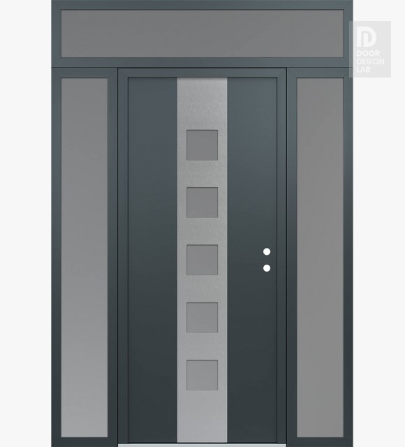 Modern Steel Front Door DIAMOND A13 64" X 96" ANTHRACITE/ANTHRACITE FROSTED GLASS PANEL STAINLESS STEEL LHI WITH 2 SIDELITES AND TRANSOM FROSTED GLASS