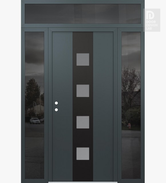 Modern Steel Front Door DIAMOND A12 64" X 96" ANTHRACITE/ANTHRACITE FROSTED GLASS PANEL BLACK RHI WITH 2 SIDELITES AND TRANSOM MIRRORED GLASS