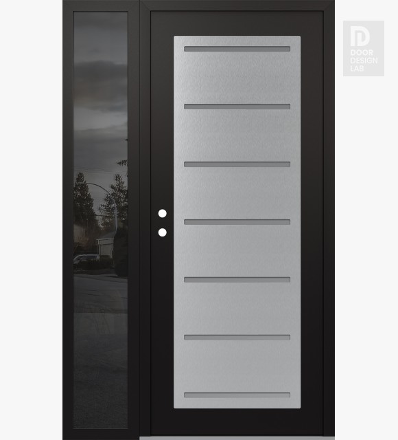 Modern Steel Front Door Diamond C11 52" x 80" black/white frosted Glass Panel stainless steel RHI with Sidelite mirrored Glass