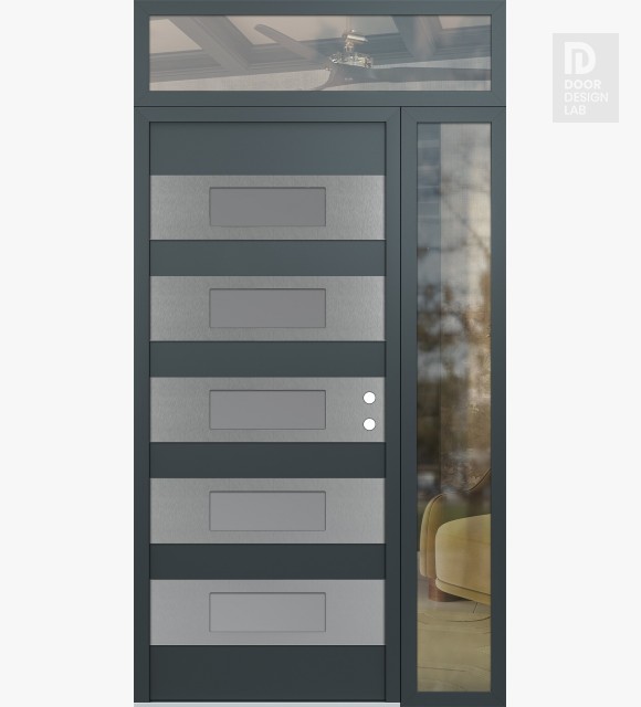 Modern Steel Front Door Diamond D5 50" x 96" anthracite/anthracite frosted Glass Panel stainless steel LHI with Sidelite and Transom clear Glass