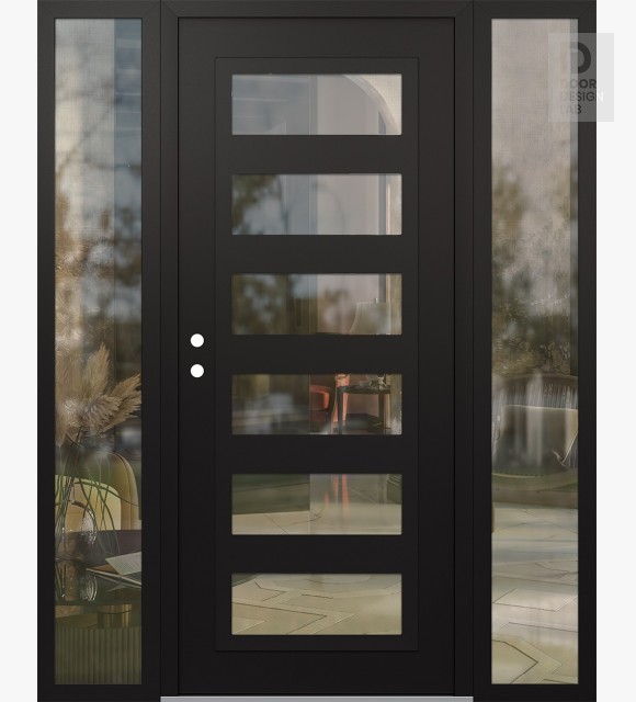 Modern Steel Front Door Diamond C9 64" x 80" black/black clear Glass Panel black RHI with 2 Sidelites clear Glass