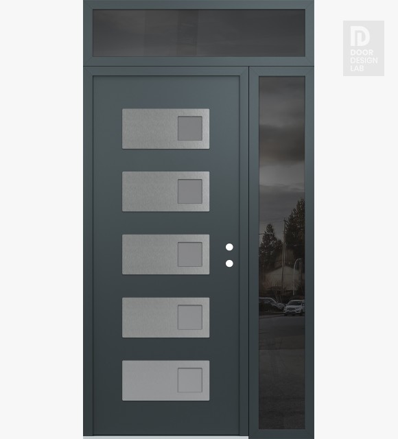 Modern Steel Front Door Diamond D2 48" x 96" anthracite/anthracite frosted Glass Panel stainless steel LHI with Sidelite and Transom mirrored Glass