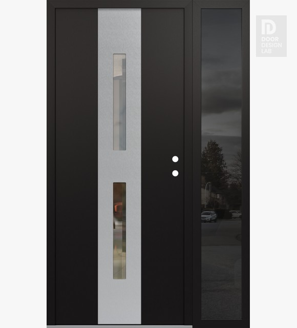 Modern Steel Front Door DIAMOND A6 48" X 80" BLACK/BLACK CLEAR GLASS PANEL STAINLESS STEEL LHI WITH SIDELITE MIRRORED GLASS
