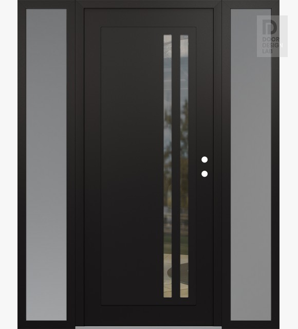 Modern Steel Front Door Diamond C6 64" x 80" black/black clear Glass Panel black LHI with 2 Sidelites frosted Glass