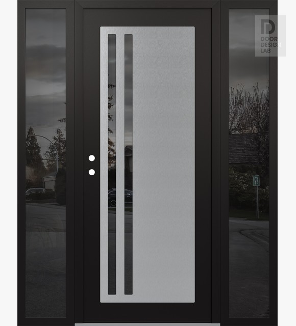 Modern Steel Front Door Diamond C6 60" x 80" black/black mirrored Glass Panel stainless steel RHI with 2 Sidelites mirrored Glass