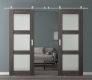 DOUBLE BARN DOOR PALLADIO 3 LITE VETRO GRAY OAK 72" X 80" X 1 9/16" TEMPERED FROSTED GLASS STAINLESS STEEL HARDWARE