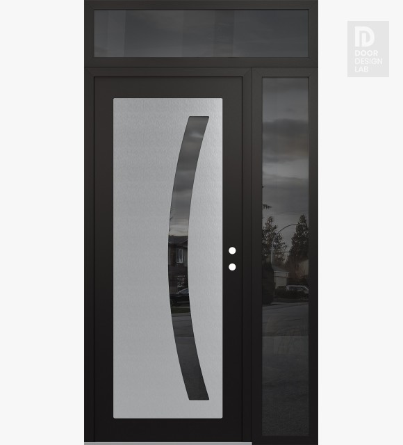 Modern Steel Front Door Diamond C4 52" x 96" black/black mirrored Glass Panel stainless steel LHI with Sidelite and Transom mirrored Glass