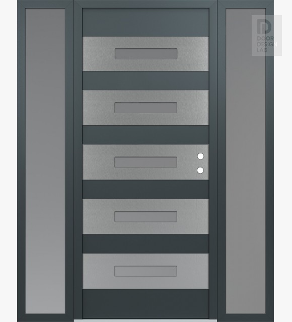 Modern Steel Front Door Diamond D9 64" x 80" anthracite/anthracite frosted Glass Panel stainless steel LHI with 2 Sidelites frosted Glass