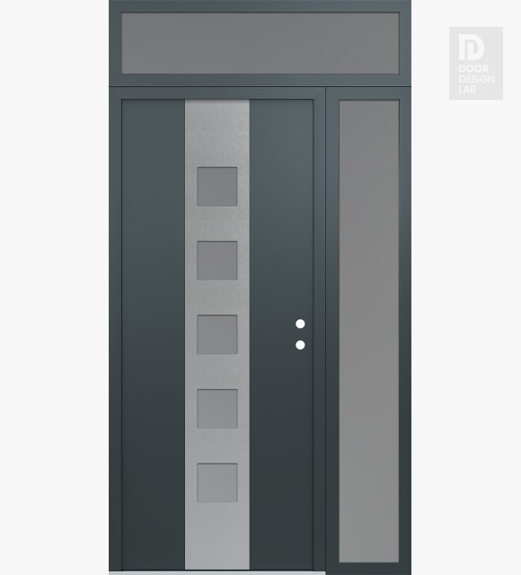 Modern Steel Front Door DIAMOND A13 48" X 96" ANTHRACITE/ANTHRACITE FROSTED GLASS PANEL STAINLESS STEEL LHI WITH SIDELITE AND TRANSOM FROSTED GLASS