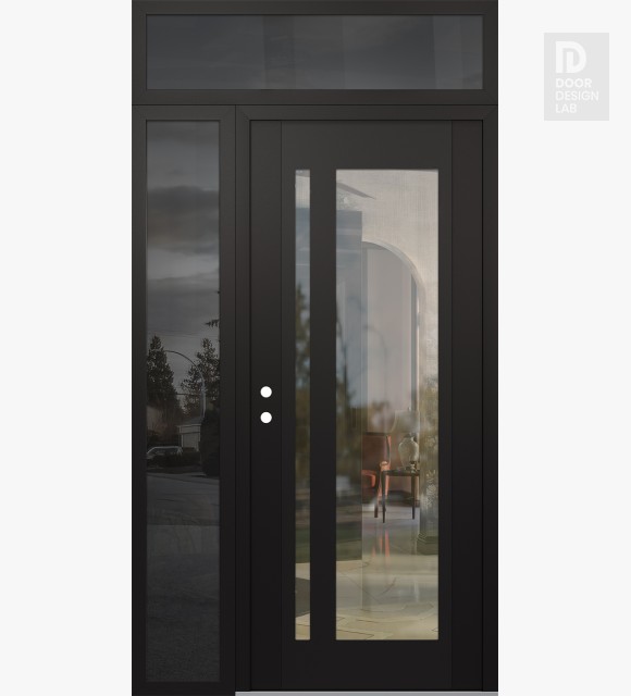 Modern Steel Front Door Diamond C15 48" x 96" black/black clear Glass Panel black RHI with Sidelite and Transom mirrored Glass