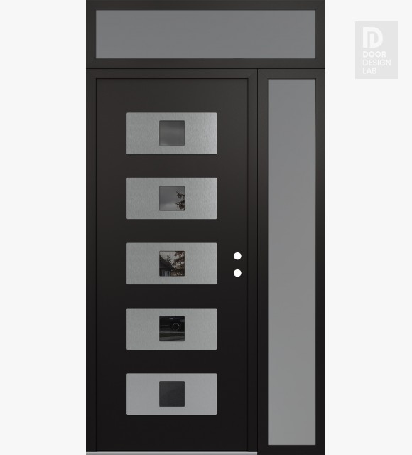 Modern Steel Front Door Diamond D8 52" x 96" black/black mirrored Glass Panel stainless steel LHI with Sidelite and Transom frosted Glass