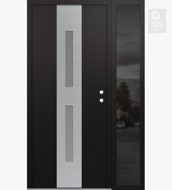 Modern Steel Front Door DIAMOND A6 52" X 80" BLACK/WHITE FROSTED GLASS PANEL STAINLESS STEEL LHI WITH SIDELITE MIRRORED GLASS