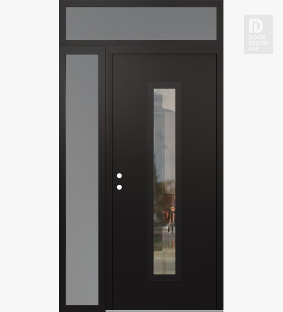 Modern Steel Front Door DIAMOND A11 50" X 96" BLACK/BLACK CLEAR GLASS PANEL BLACK RHI WITH SIDELITE AND TRANSOM FROSTED GLASS