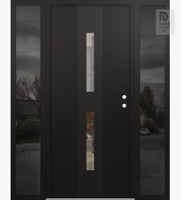 Modern Steel Front Door DIAMOND A6 60" X 80" BLACK/BLACK CLEAR GLASS PANEL BLACK LHI WITH 2 SIDELITES MIRRORED GLASS