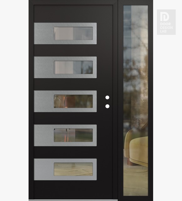 Modern Steel Front Door Diamond D3 52" x 80" black/black clear Glass Panel stainless steel LHI with Sidelite clear Glass