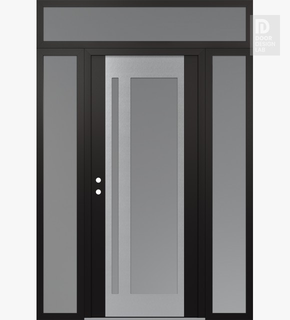 Modern Steel Front Door Diamond C15 68" x 96" black/white frosted Glass Panel stainless steel RHI with 2 Sidelites and Transom frosted Glass