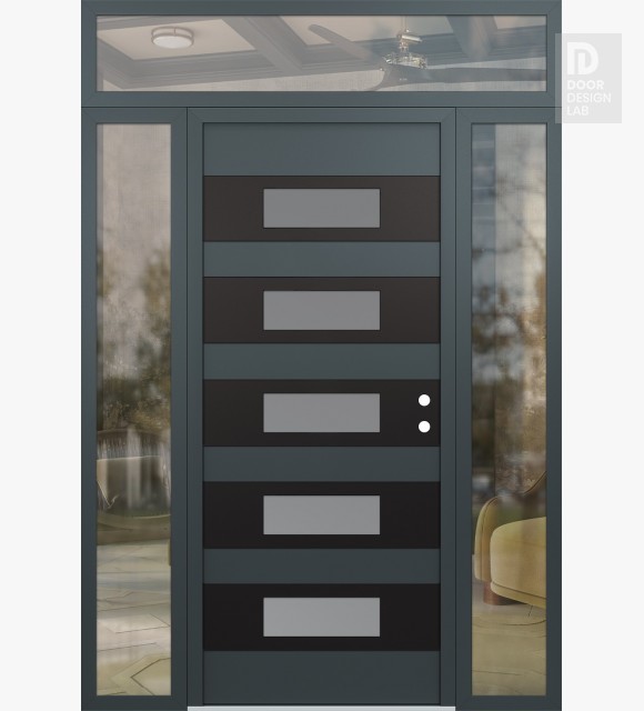 Modern Steel Front Door Diamond D5 68" x 96" anthracite/anthracite frosted Glass Panel black LHI with 2 Sidelites and Transom clear Glass
