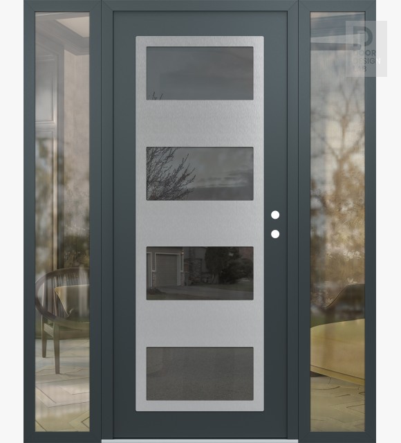 Modern Steel Front Door Diamond C2 60" x 80" anthracite/anthracite mirrored Glass Panel stainless steel LHI with 2 Sidelites clear Glass