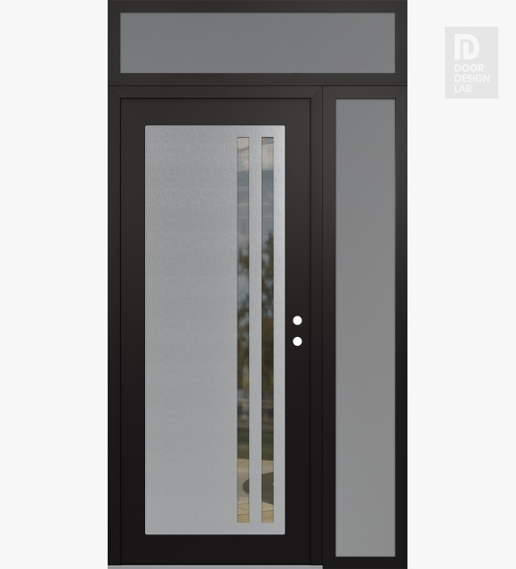 Modern Steel Front Door Diamond C6 48" x 96" black/black clear Glass Panel stainless steel LHI with Sidelite and Transom frosted Glass