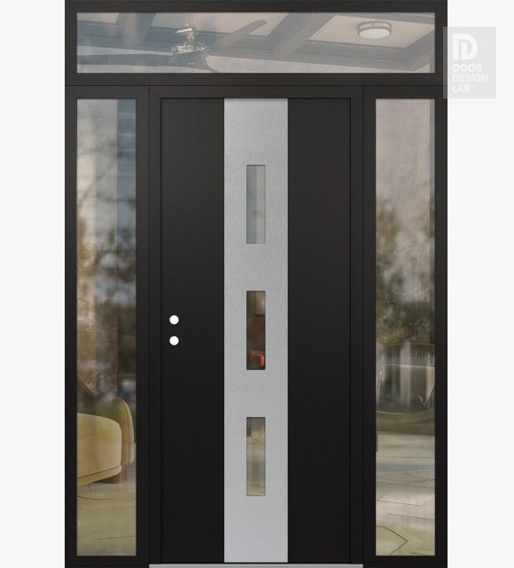 Modern Steel Front Door DIAMOND A7 60" X 96" BLACK/BLACK CLEAR GLASS PANEL STAINLESS STEEL RHI WITH 2 SIDELITES AND TRANSOM CLEAR GLASS