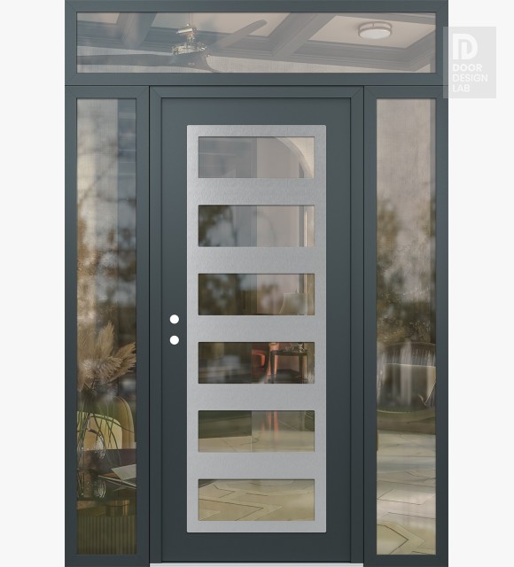 Modern Steel Front Door Diamond C9 64" x 96" anthracite/anthracite clear Glass Panel stainless steel RHI with 2 Sidelites and Transom clear Glass
