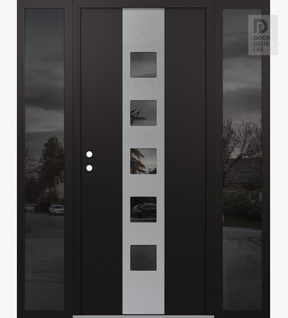 Modern Steel Front Door DIAMOND A13 68" X 80" BLACK/BLACK MIRRORED GLASS PANEL STAINLESS STEEL RHI WITH 2 SIDELITES MIRRORED GLASS