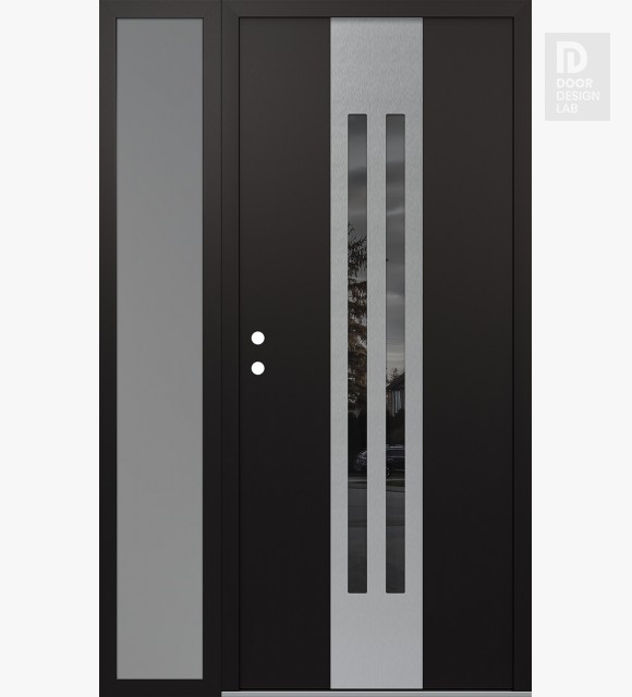 Modern Steel Front Door DIAMOND A8 52" X 80" BLACK/BLACK MIRRORED GLASS PANEL STAINLESS STEEL RHI WITH SIDELITE FROSTED GLASS