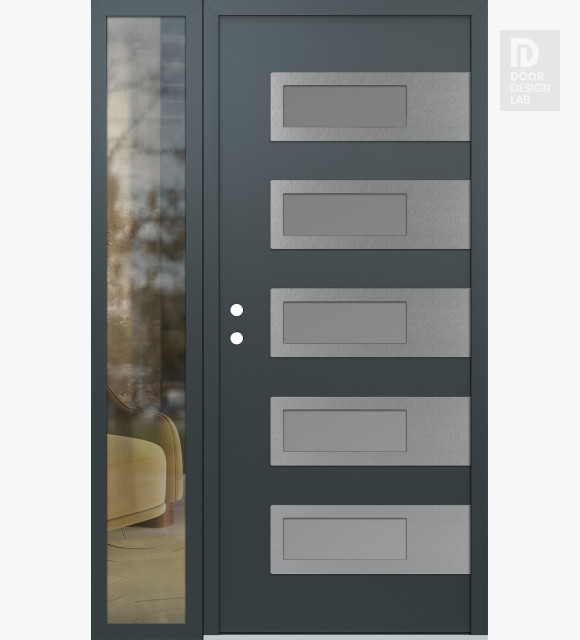 Modern Steel Front Door Diamond D3 48" x 80" anthracite/anthracite frosted Glass Panel stainless steel RHI with Sidelite clear Glass