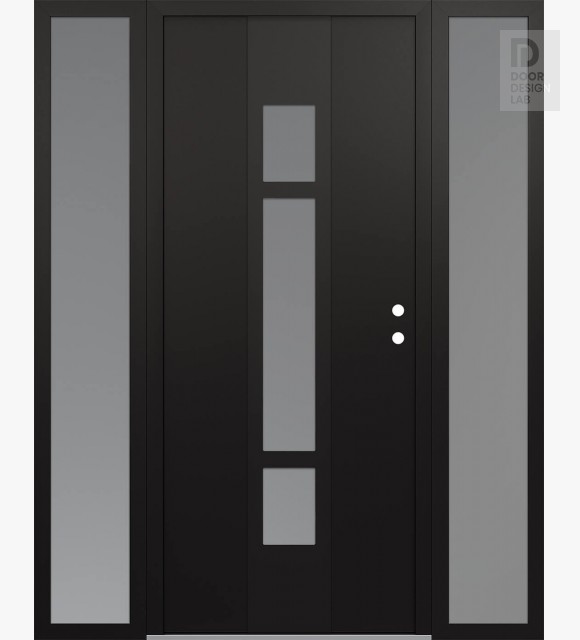 Modern Steel Front Door DIAMOND A9 60" X 80" BLACK/WHITE FROSTED GLASS PANEL BLACK LHI WITH 2 SIDELITES FROSTED GLASS