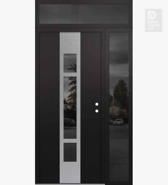 Modern Steel Front Door DIAMOND A9 50" X 96" BLACK/BLACK MIRRORED GLASS PANEL STAINLESS STEEL LHI WITH SIDELITE AND TRANSOM MIRRORED GLASS