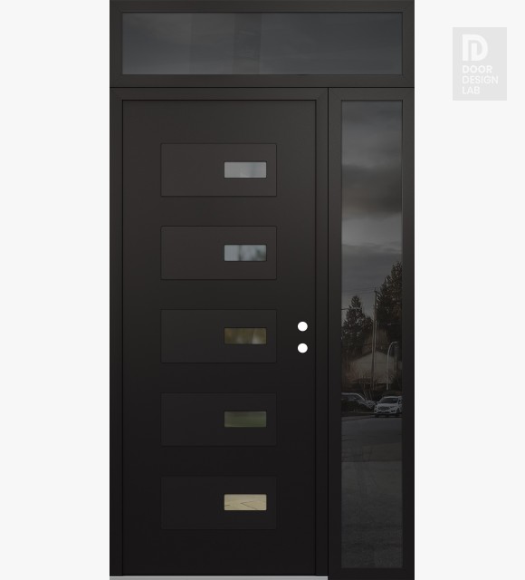 Modern Steel Front Door Diamond D7 48" x 96" black/black clear Glass Panel black LHI with Sidelite and Transom mirrored Glass