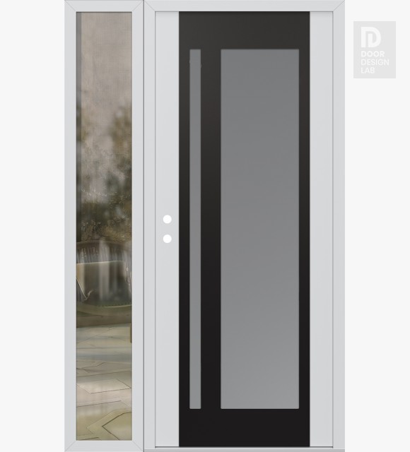 Modern Steel Front Door Diamond C15 48" x 80" white/white frosted Glass Panel black RHI with Sidelite clear Glass