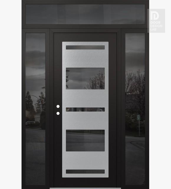 Modern Steel Front Door Diamond C10 60" x 96" black/black mirrored Glass Panel stainless steel RHI with 2 Sidelites and Transom mirrored Glass