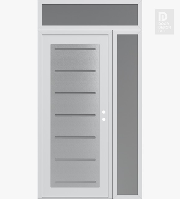 Modern Steel Front Door Diamond C11 52" x 96" white/white frosted Glass Panel stainless steel LHI with Sidelite and Transom frosted Glass