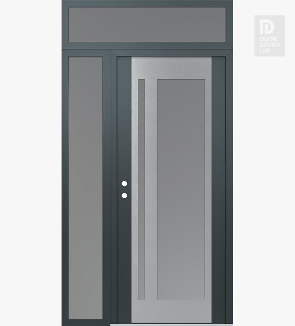Modern Steel Front Door Diamond C15 52" x 96" anthracite/anthracite frosted Glass Panel stainless steel RHI with Sidelite and Transom frosted Glass